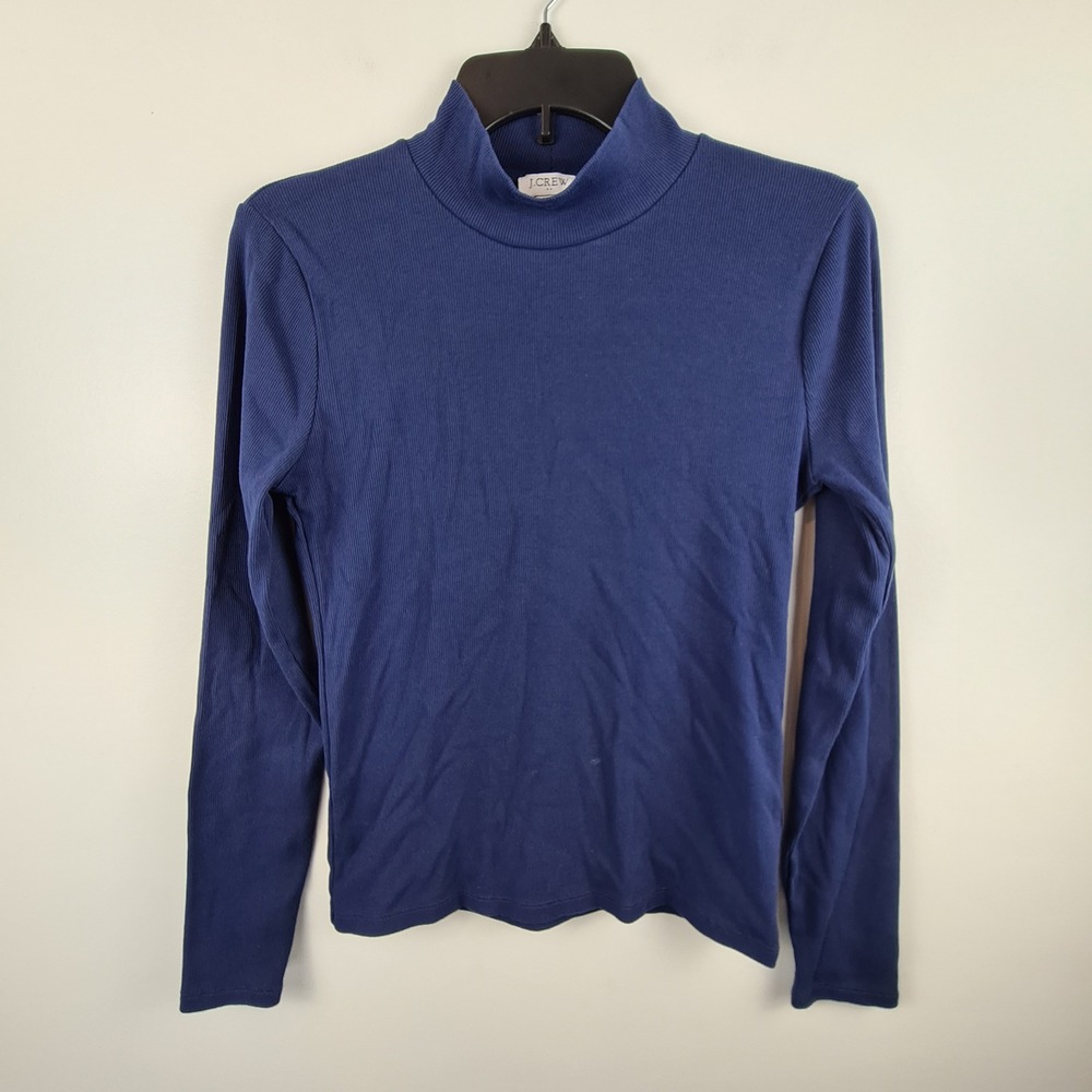 J.Crew Womens Ribbed Mock Neck‎ Long Sleeve Top Navy Blue Size M Stretch Knit